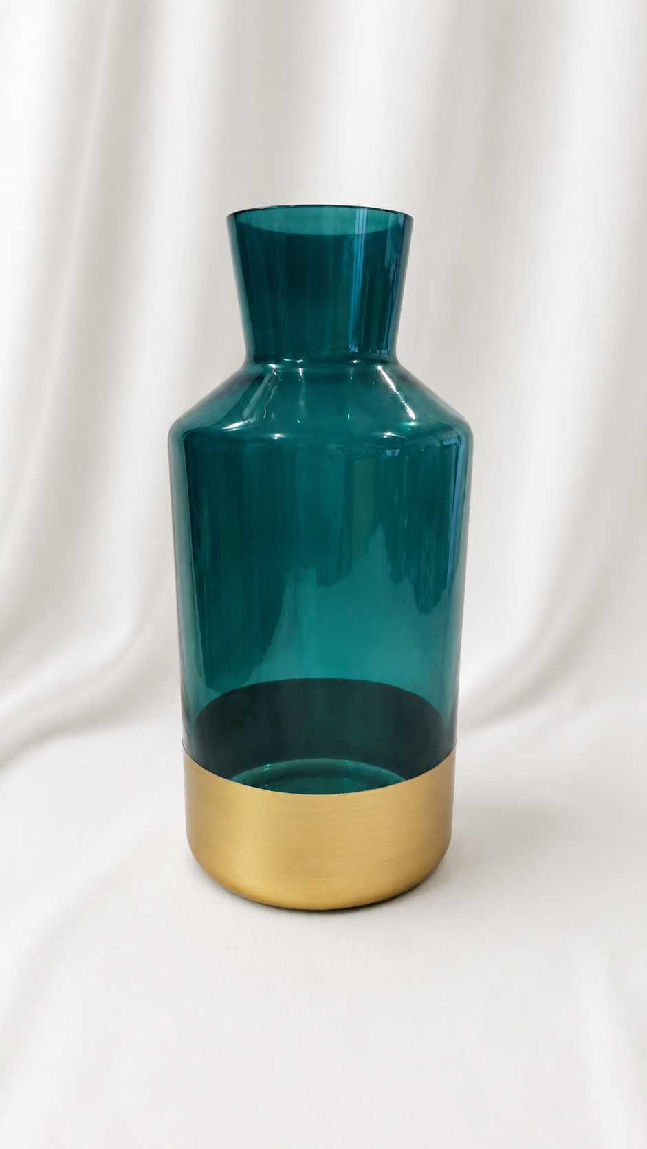 Vase – Teal-tinted glass finish and a brushed gold base Teal Glass Vase with Gold Base