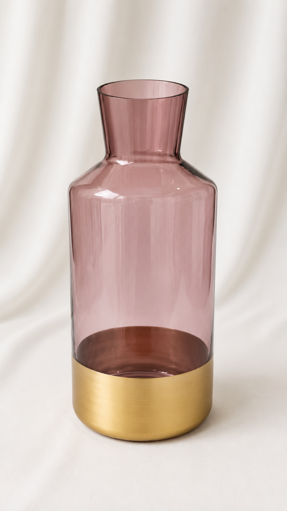 Vase – Pink-tinted glass finish and a brushed gold base Pink Glass Vase with Gold Base